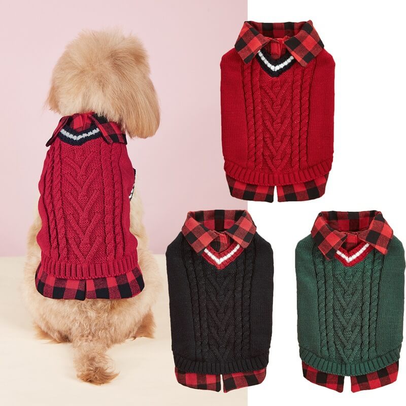 Cable knit dog sweater vest with plaid collar, perfect for winter dog clothing
