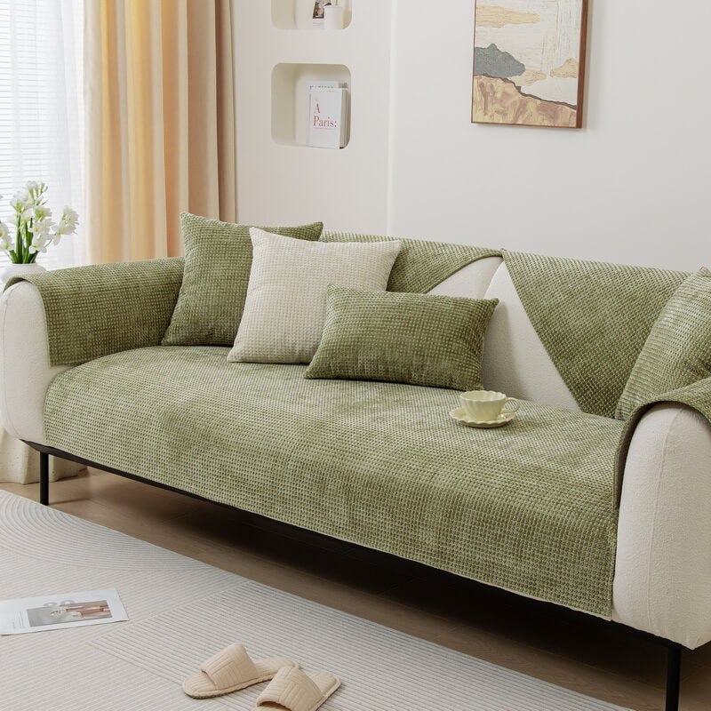 Soft Chenille Couch Cover on a sofa with pets