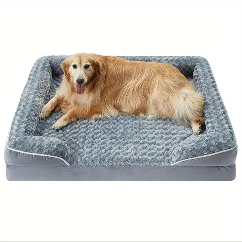 Close-up of the waterproof orthopedic dog bed showing plush support and raised edges for full body comfort