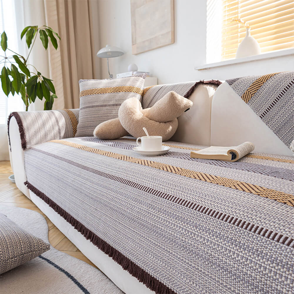 Breathable cotton linen couch cover displayed in a cozy living room setting