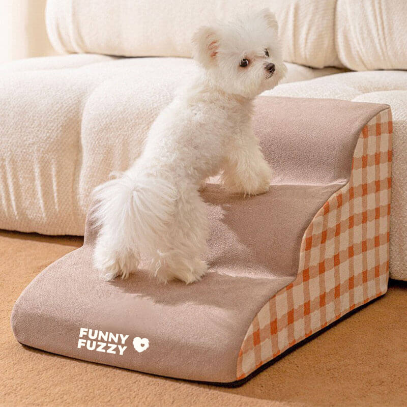 Close-up of foam pet stairs with anti-slip bottom and soft fabric covering, perfect for small dogs