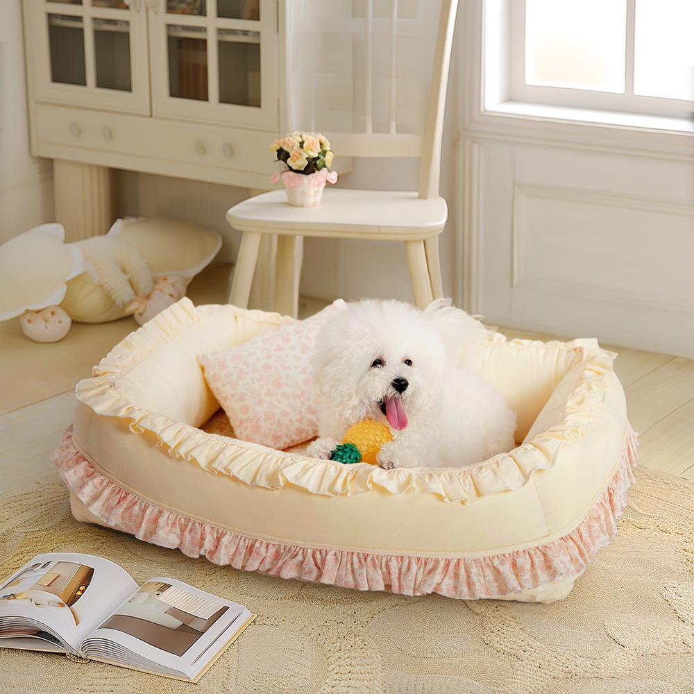 Orthopedic dog bed with pillow and floral design