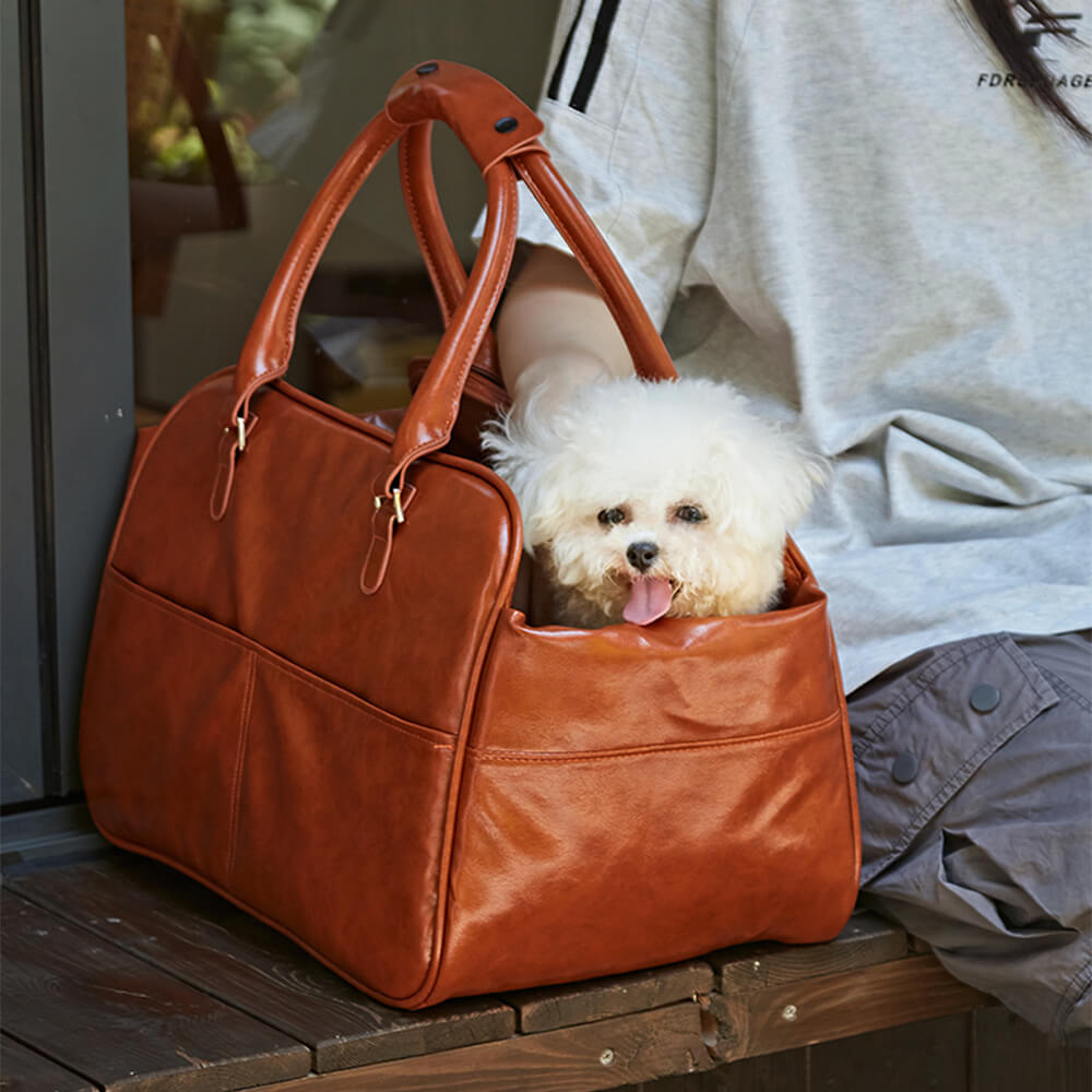 Luxury faux leather pet carrier with safety buckle and storage pocket