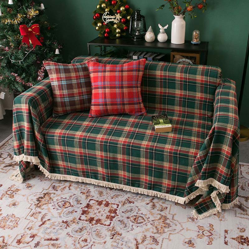 Cozy Christmas Plaid Sofa Cover on a couch, featuring a vintage checkered design