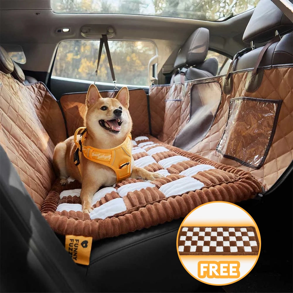 Deluxe Faux Leather Waterproof Dog Car Seat Cover with Mat installed in an SUV, showcasing its protective features.