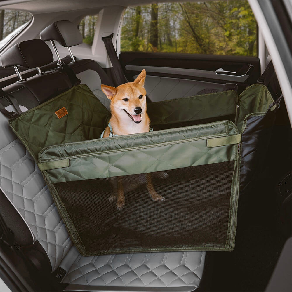 PawsomeRide Dog Car Seat Extender installed in a car, showing its waterproof and non-slip features