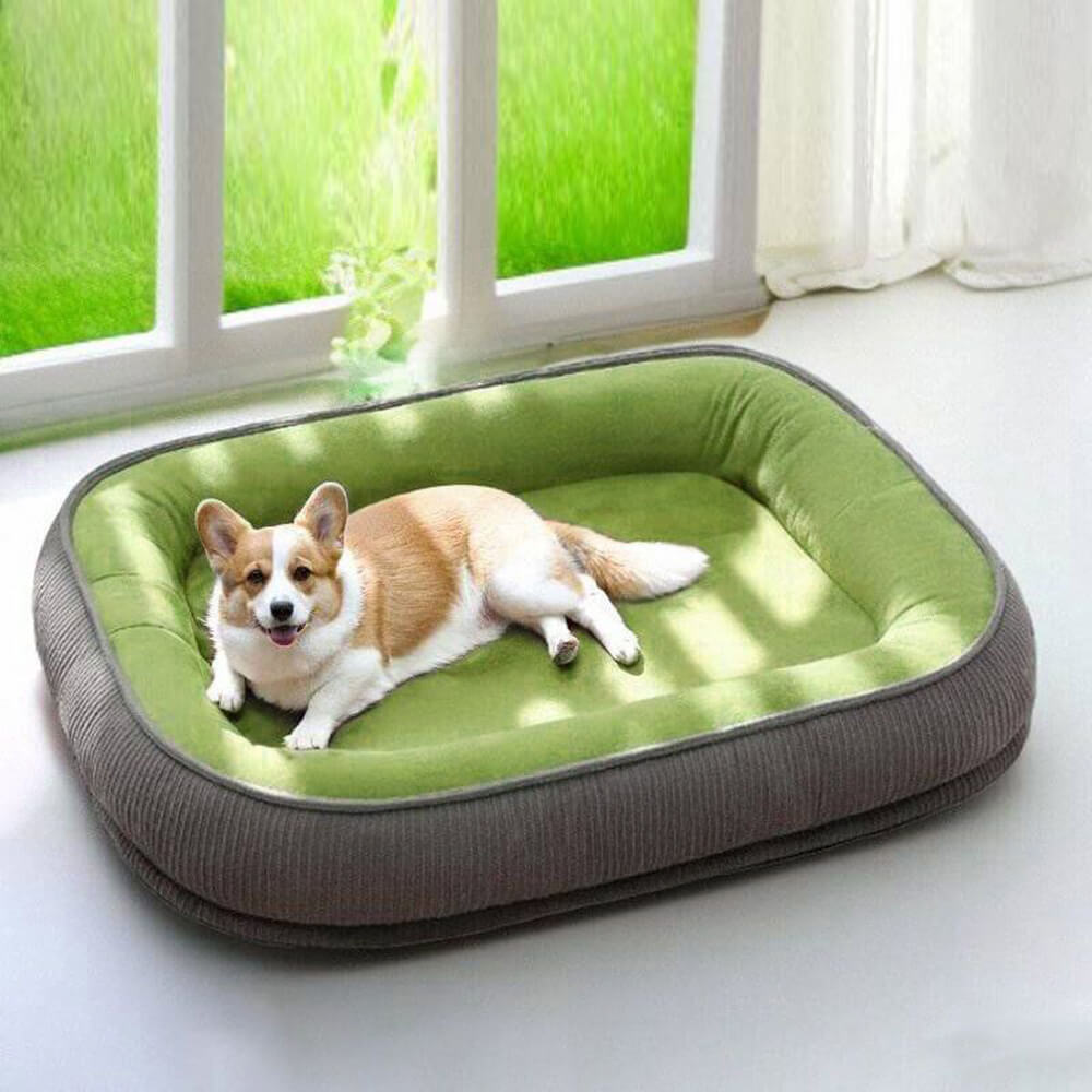 Top view of the dog bed showing spacious suede surface and bolstered edges