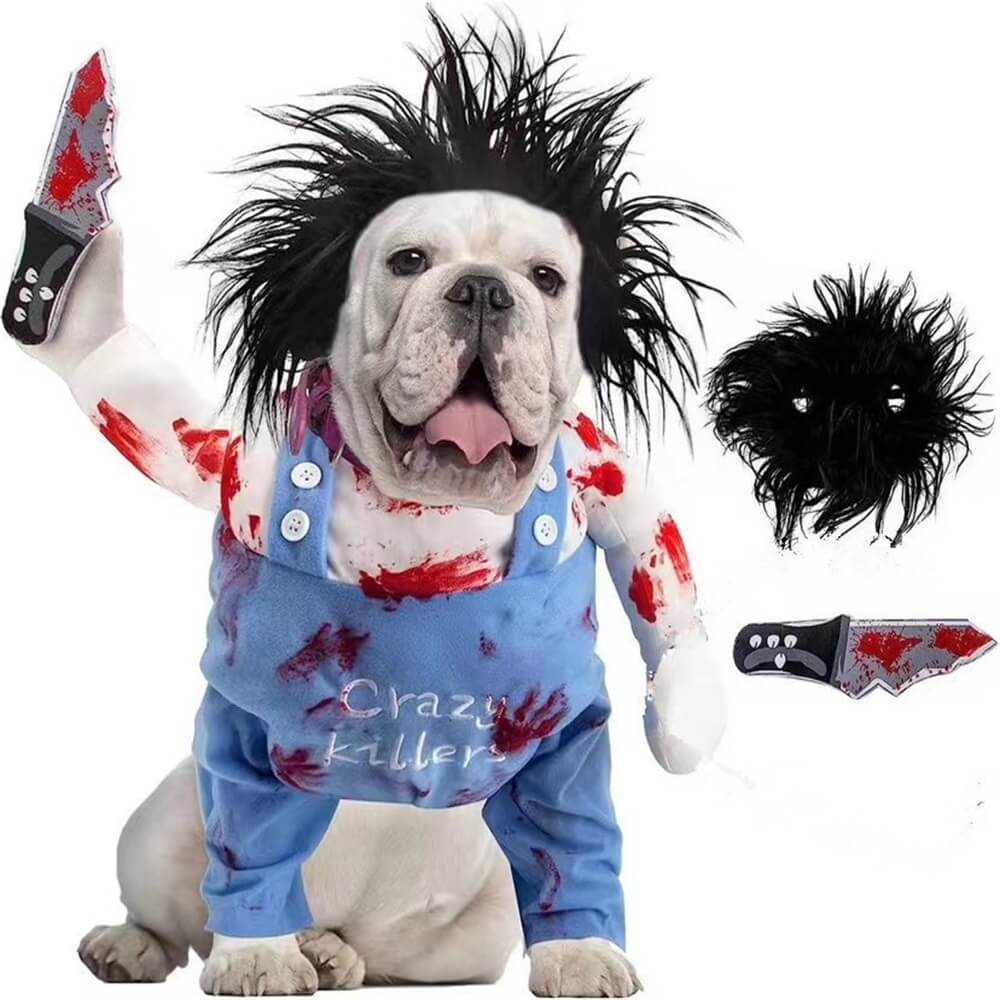 Small white dog wearing Chucky Halloween costume with knife prop
