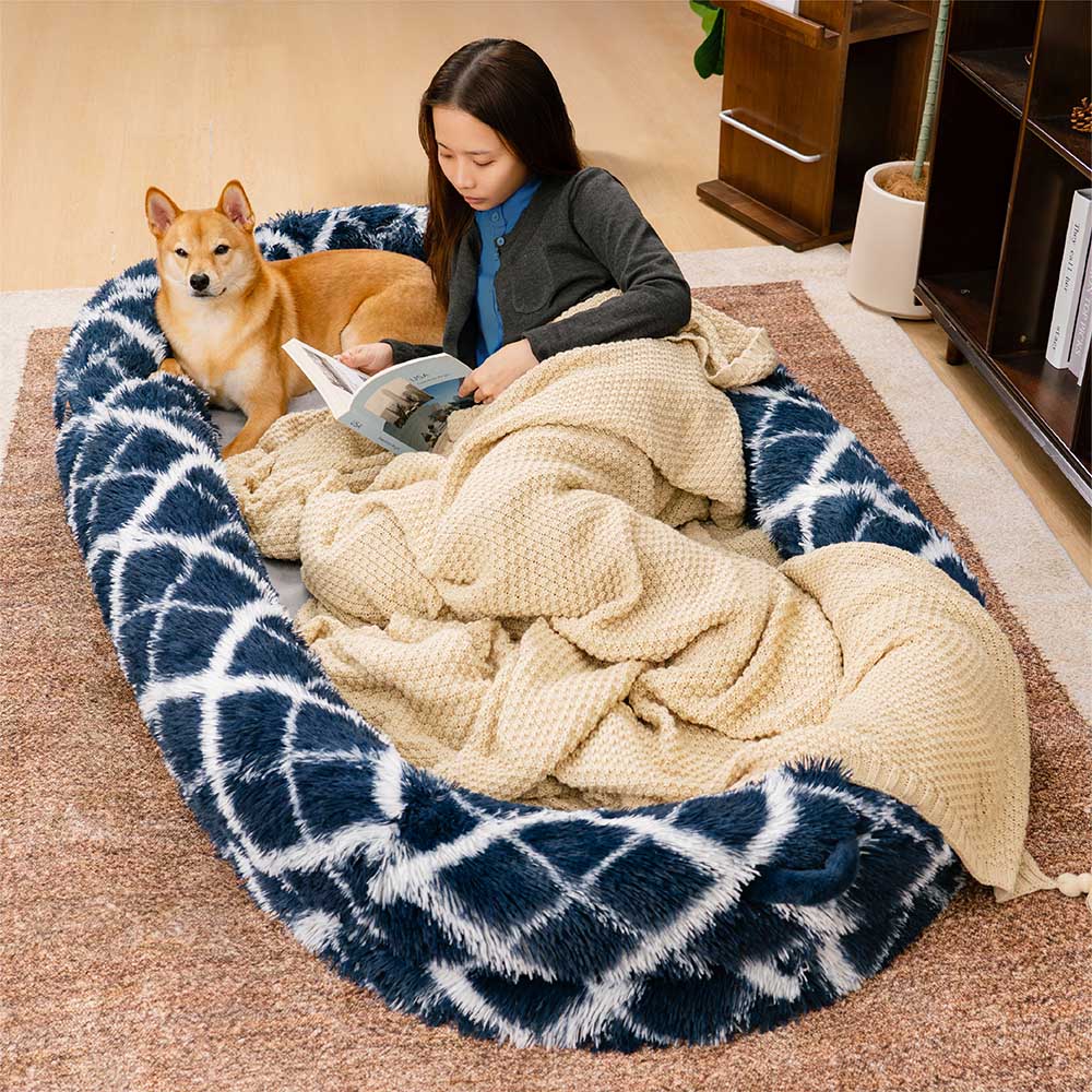CuddleCrush Plush Donut Bed - a cozy human dog bed with bolsters and front pocket