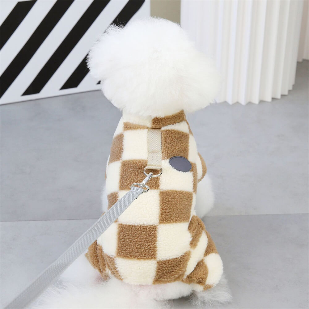 Front view of fleece dog coat in green checkered pattern with D-ring