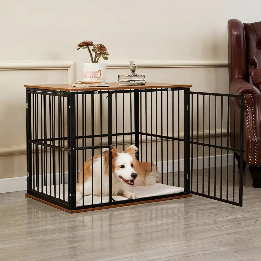 Modern wooden dog crate end table with double doors and sleek design