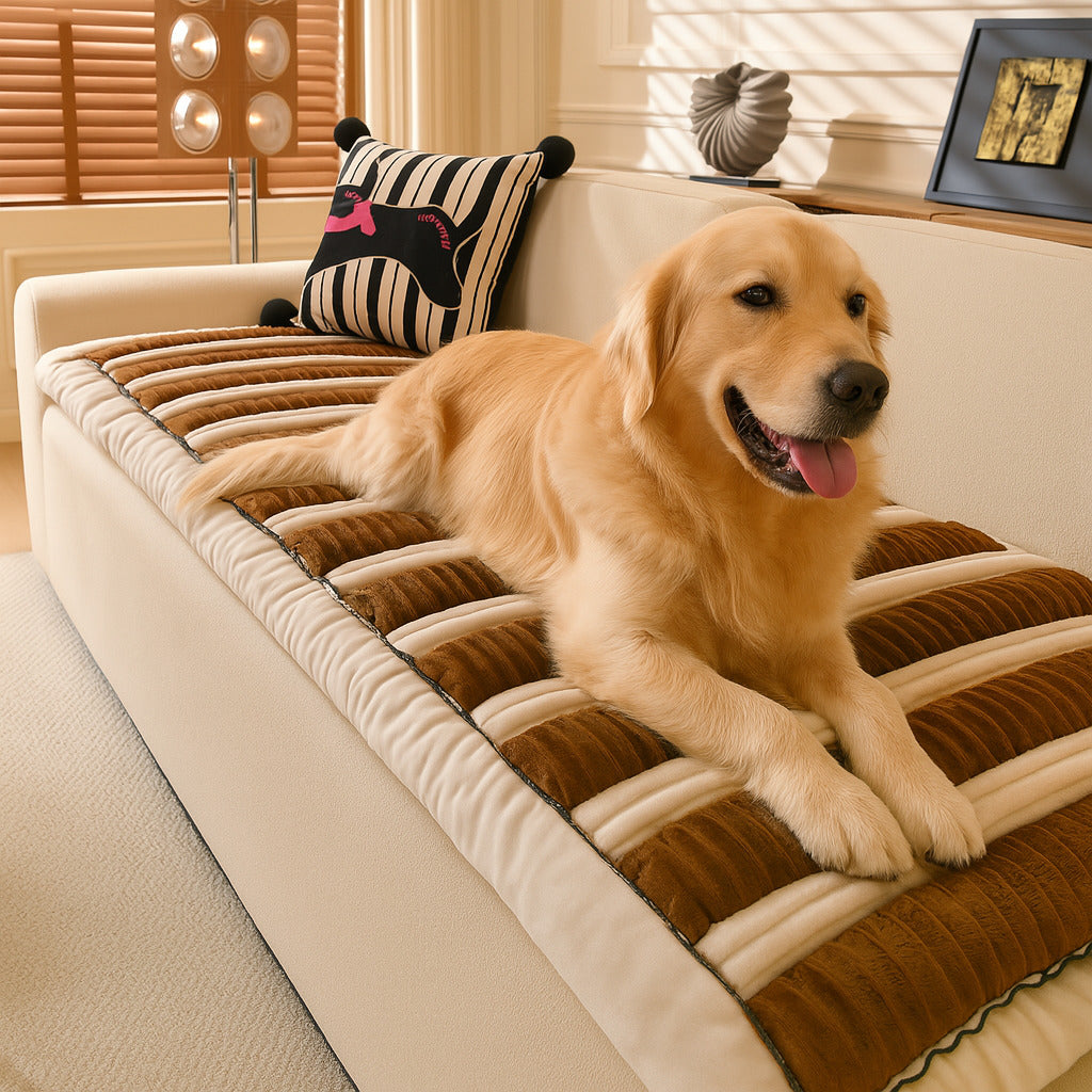 Plush striped couch cover with non-slip backing on a modern sofa