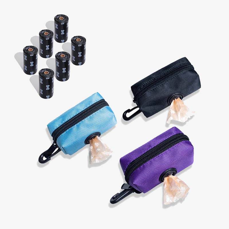 Black Oxford fabric dog waste bag dispenser attached to a retractable leash during walk
