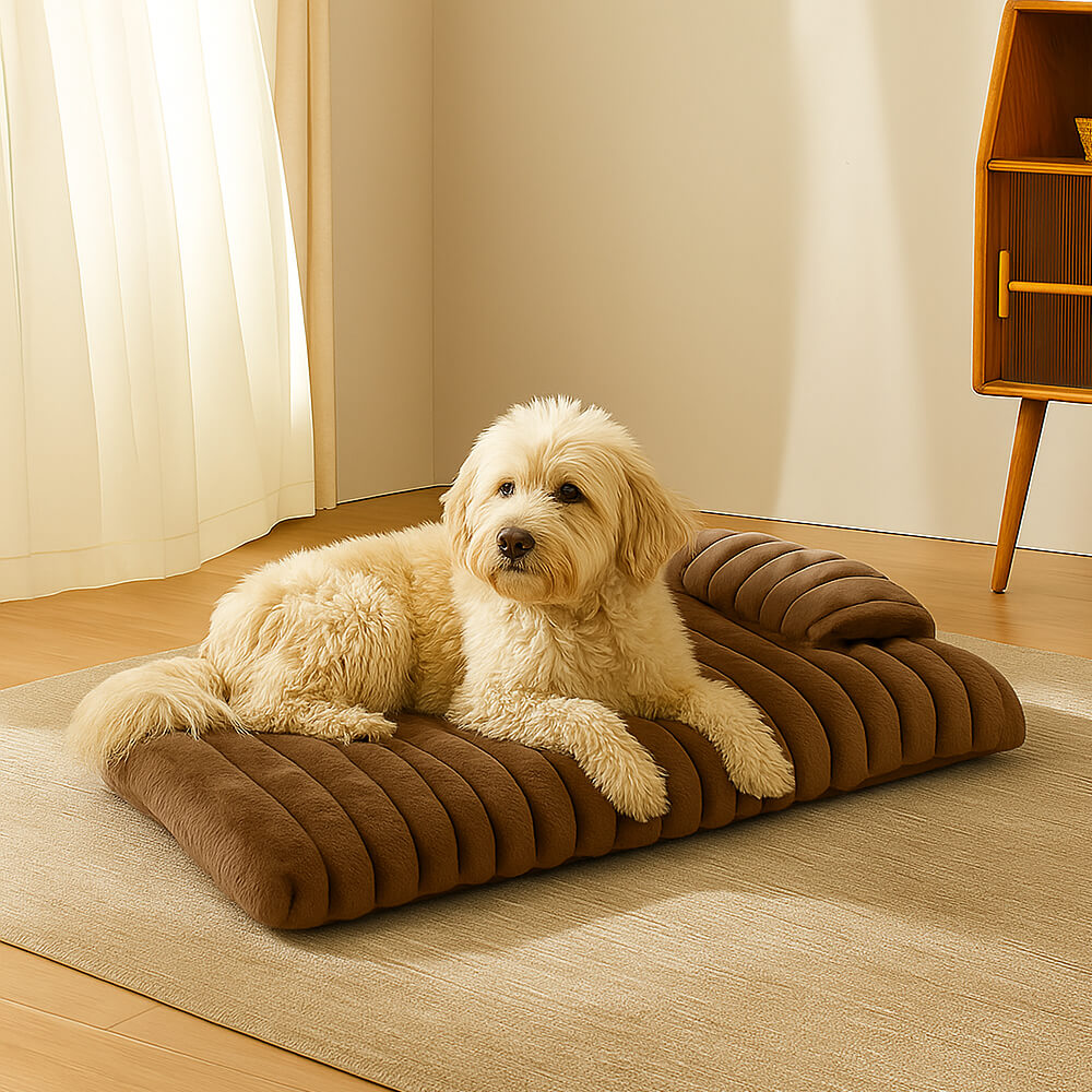 Luxury plush dog bed with pillow in a cozy home setting