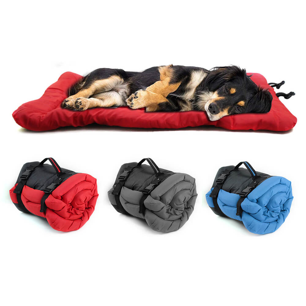 Trekker Pro dog travel mat folded with straps, showing portable design for camping