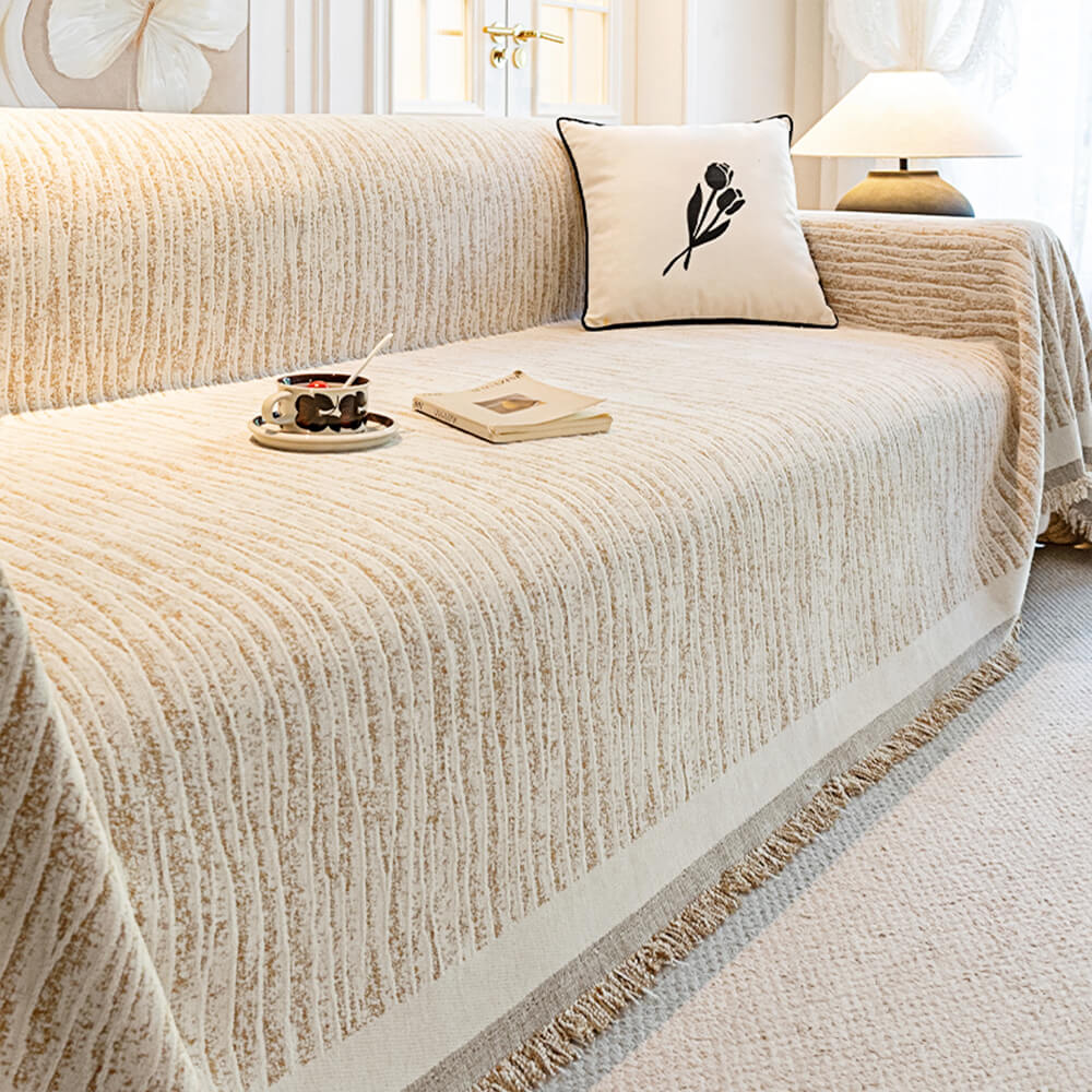 Close-up of CreamSoft chenille fabric texture on scratch resistant furniture cover.
