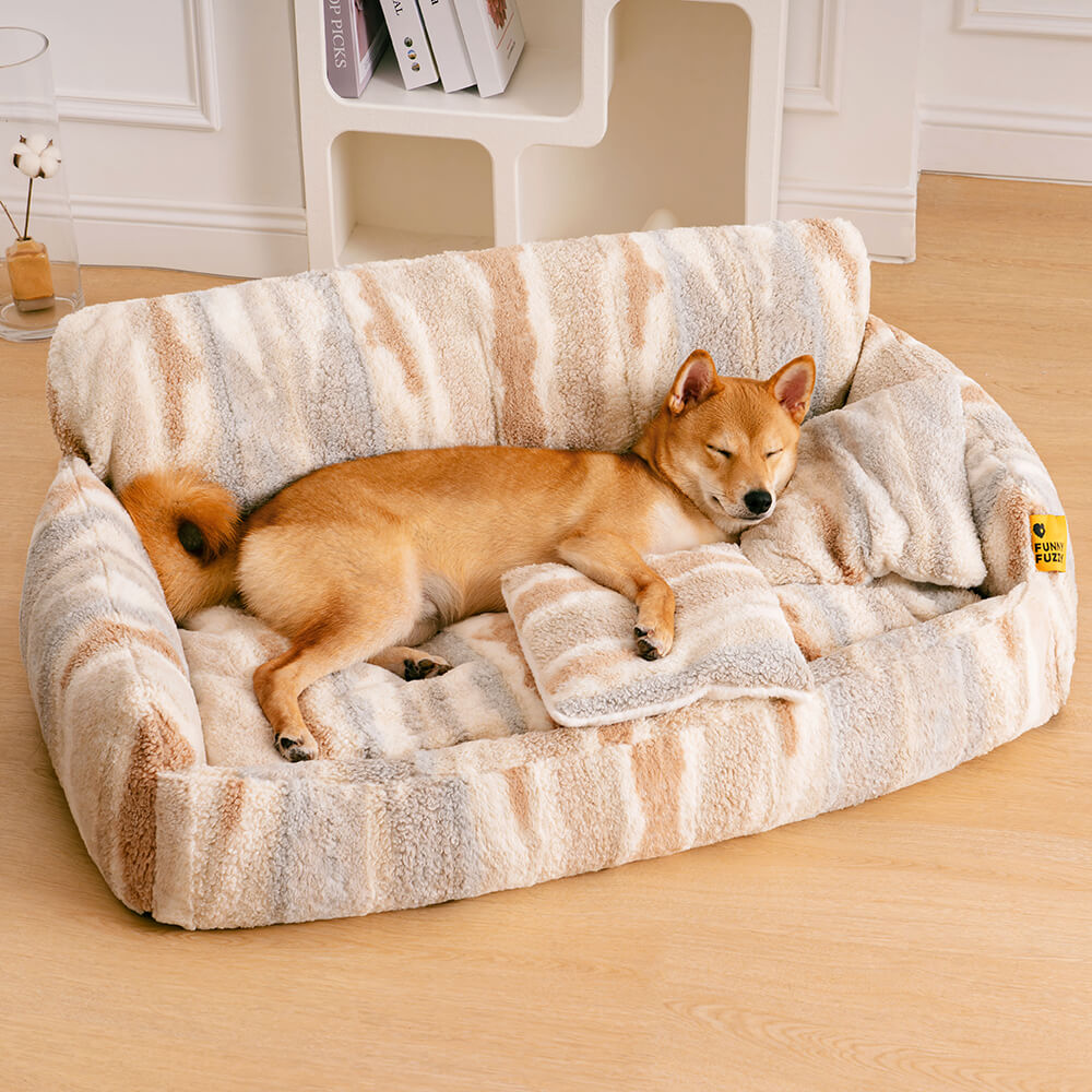 Large fluffy Nordic pet sofa bed for big dogs and cats, front view showing plush surface