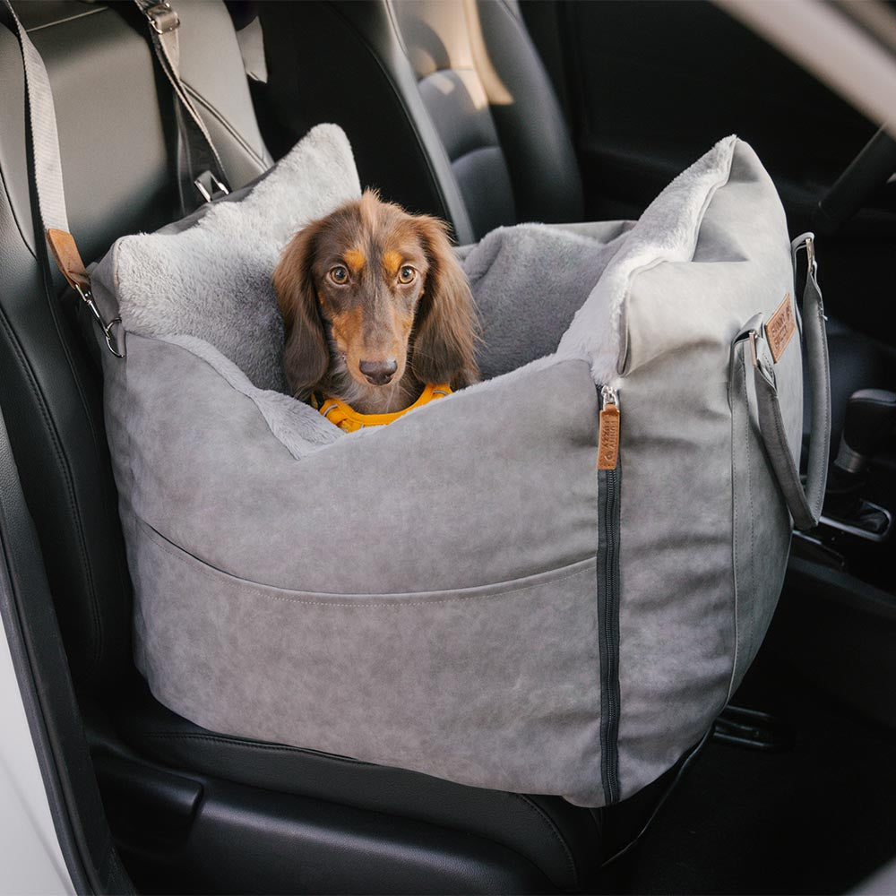 Large fluffy warm dog car seat with non-slip base and safety belt, perfect for winter travel