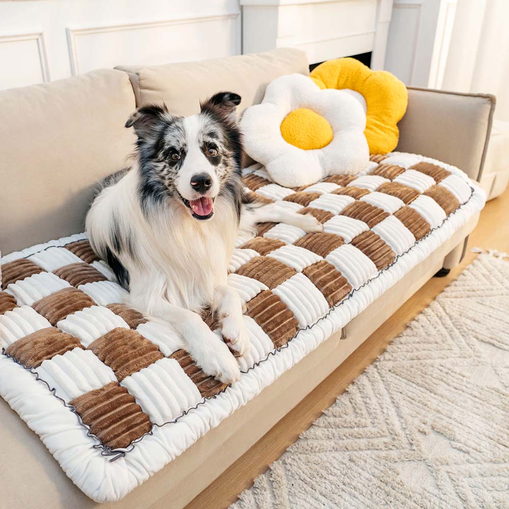 Close-up of plaid pet furniture cover with anti-slip bottom for sofa protection