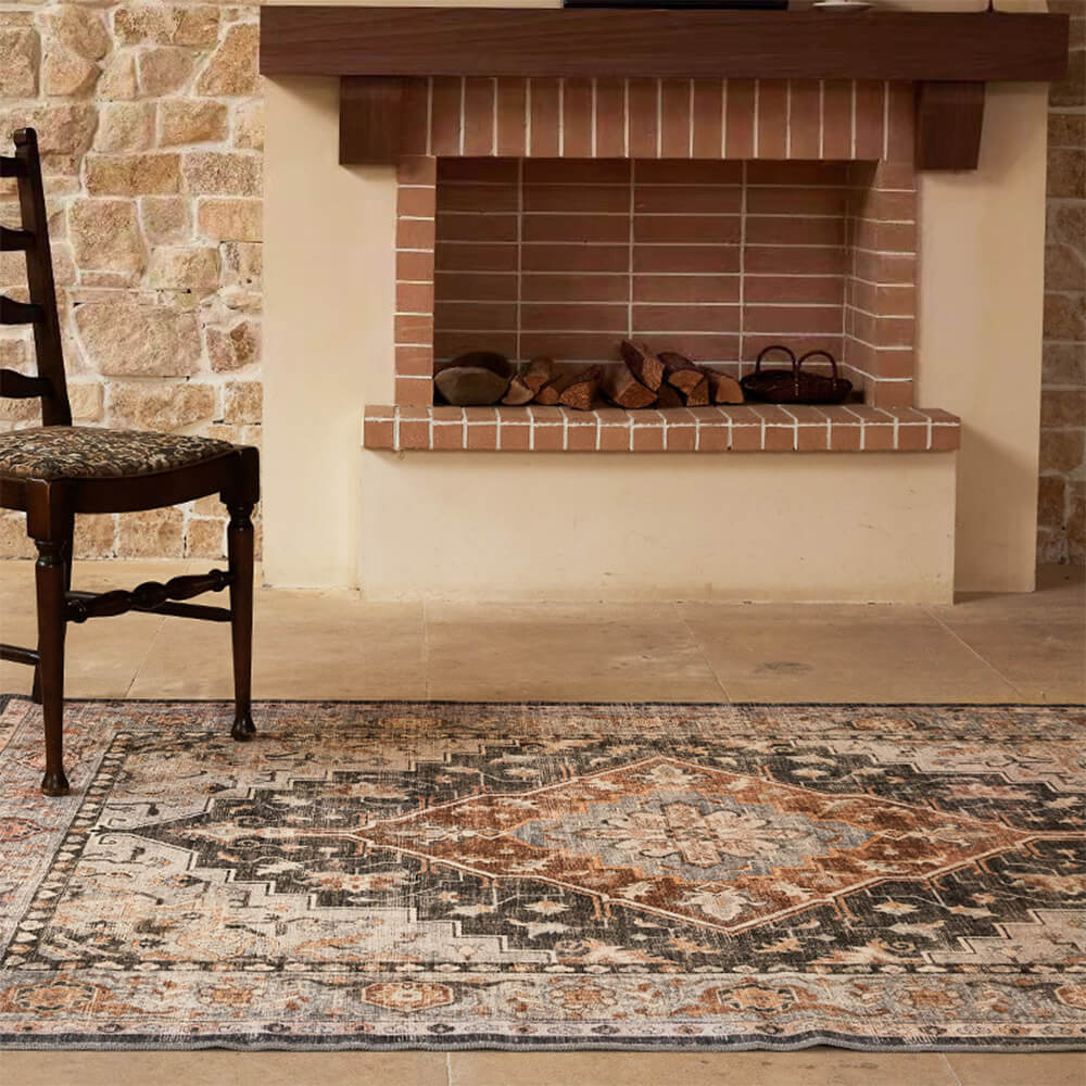 Close-up of Persian-style rug showcasing intricate design for living room use