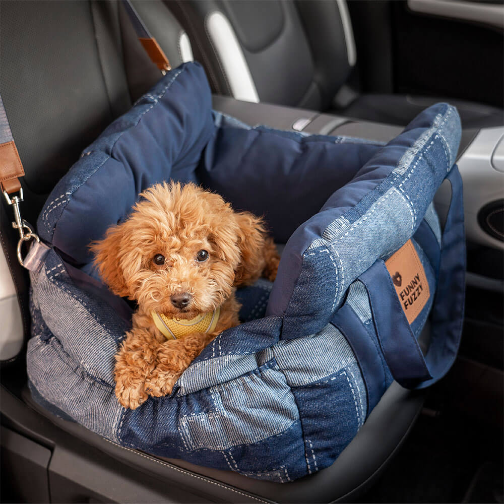 Vintage denim dog car seat bed showcasing elegant design and safety strap