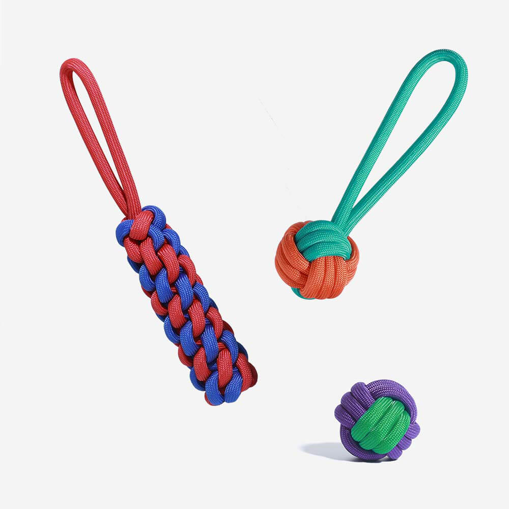 Close-up of braided rope dog toy for aggressive chewers in vibrant colors