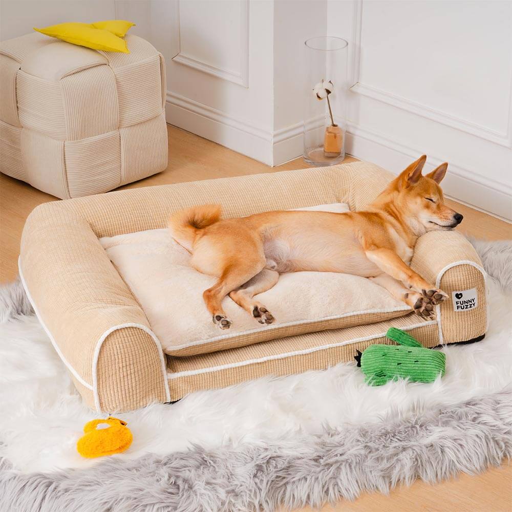 A golden retriever comfortably resting on a large CloudNine Ortho-Comfort dog sofa bed, showcasing the plush double-layer design and supportive armrests.