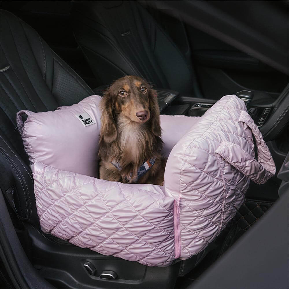Close-up of quilted velvet texture on the luxury pet car seat