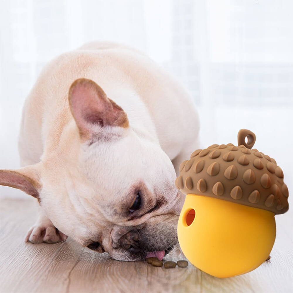 Top-down view showing pinecone-shaped slow feeder dog toy loaded with kibble