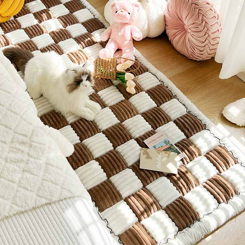 CozyPaws Large Plaid Fuzzy Pet Mat Bed in cream color, perfect for home decor
