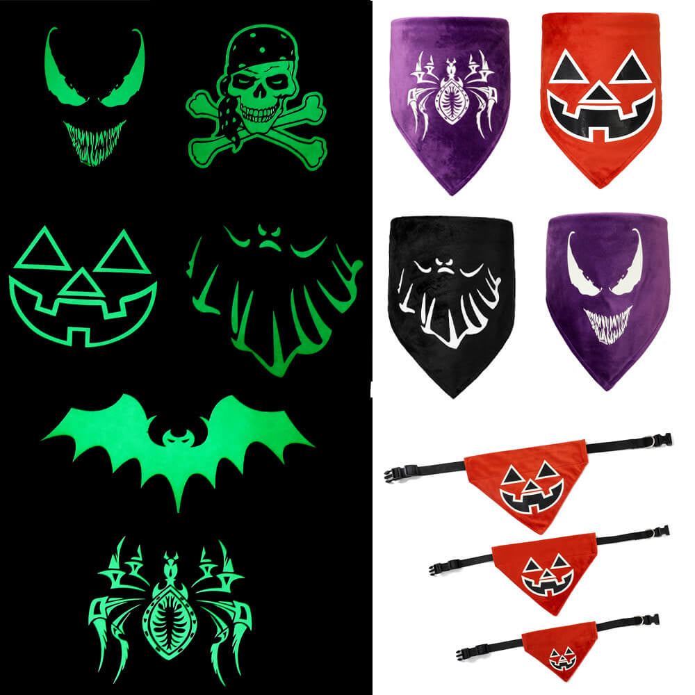 Pet wearing glow in the dark pet collar and bandana during Halloween night