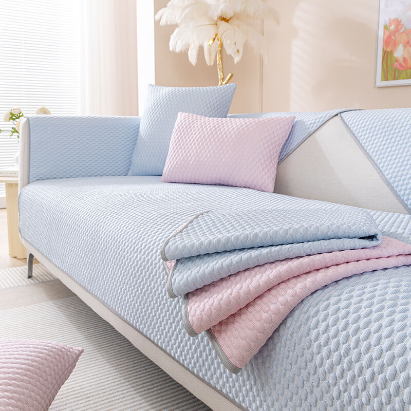 Close-up of cooling furniture cover with ice silk fabric on sectional sofa