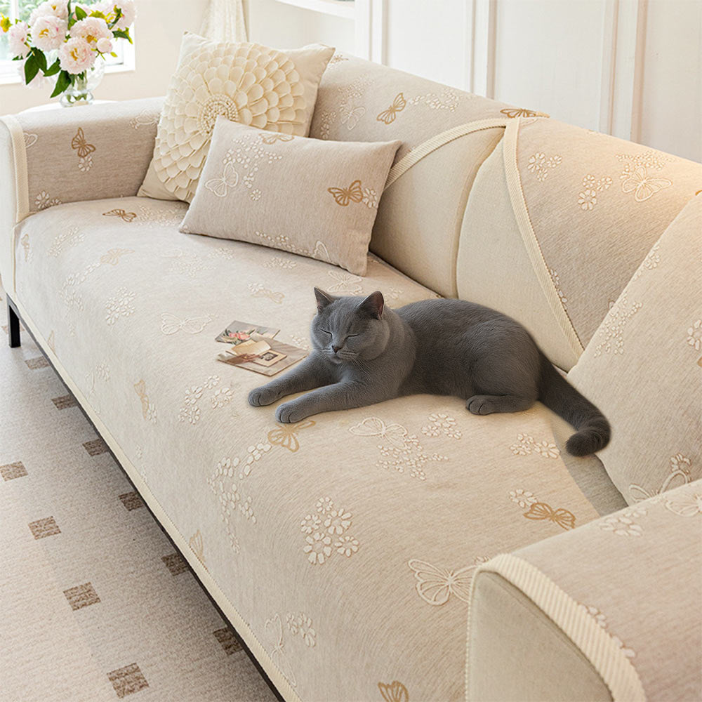 Close-up of the butterfly pattern chenille sofa cover highlighting its intricate design and Morandi shades