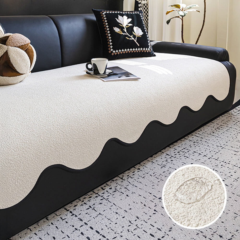 Waterproof teddy fleece sofa cover in a cozy living room with pets