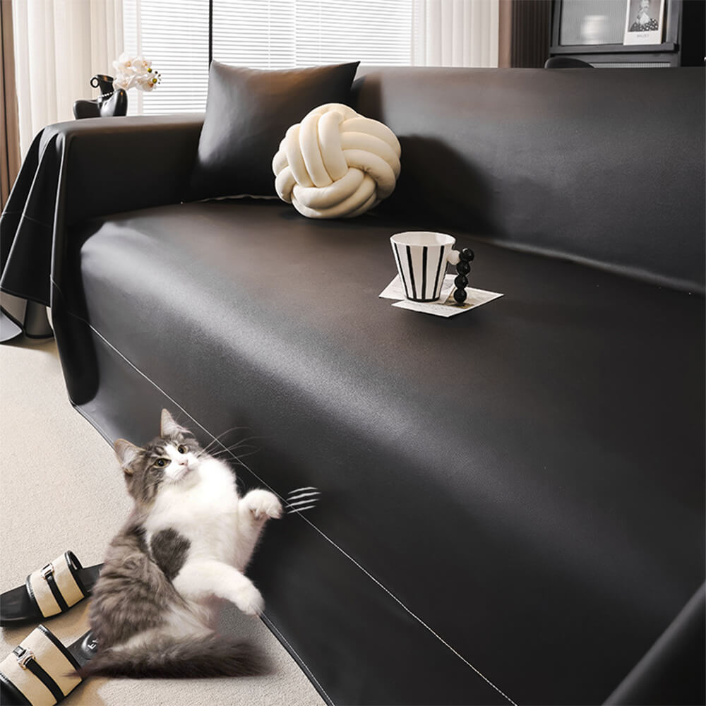 Close-up of faux leather couch cover with anti-scratch finish protecting a sofa