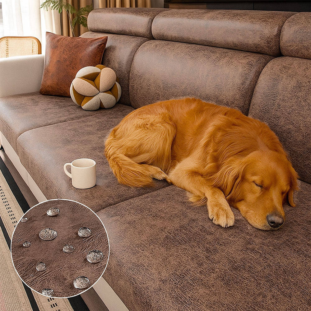 Close-up of vintage faux leather waterproof sofa cover on a modern sofa