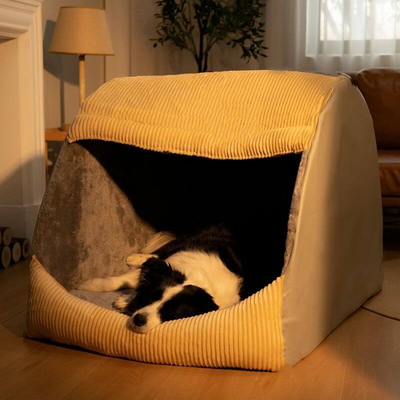 Close-up of the flannel dog bed showing soft texture and semi-enclosed design