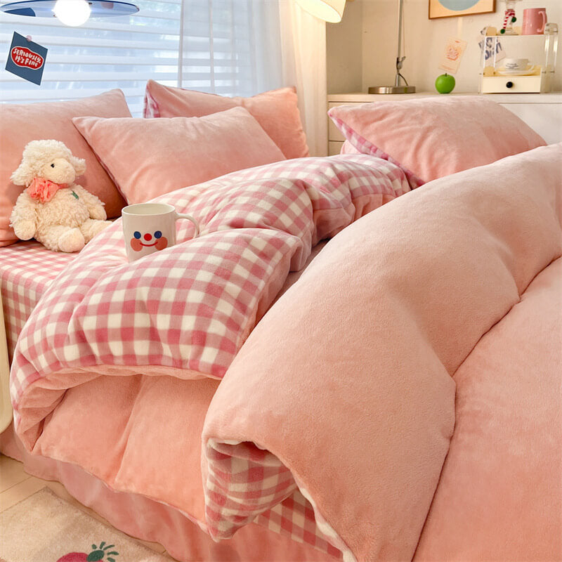 Close-up of plush fabric texture on plaid bedding set