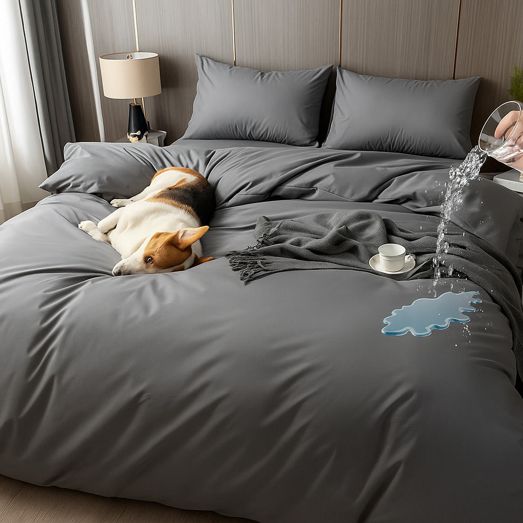 Top view of CozyGuard™ waterproof bed sheet set on queen-size mattress — perfect for pet owners.