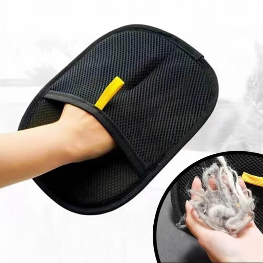 Pet hair removal glove with dual-sided electrostatic bristles removing pet fur from furniture