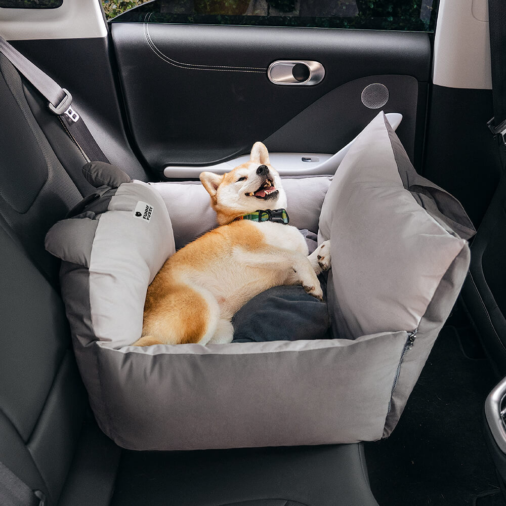 Close-up of the Fun Zootopia large dog car seat bed with safety straps secured inside a car