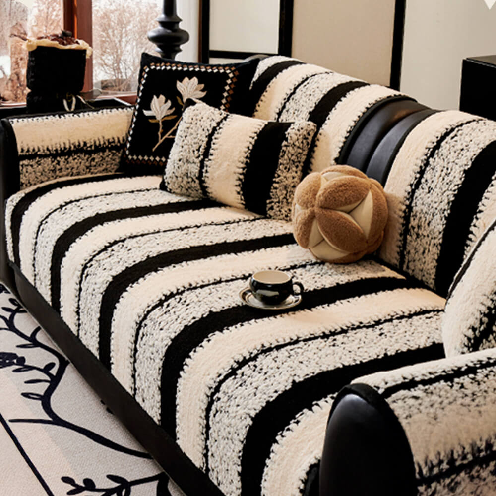 Striped chenille sofa cover on a modern living room sofa