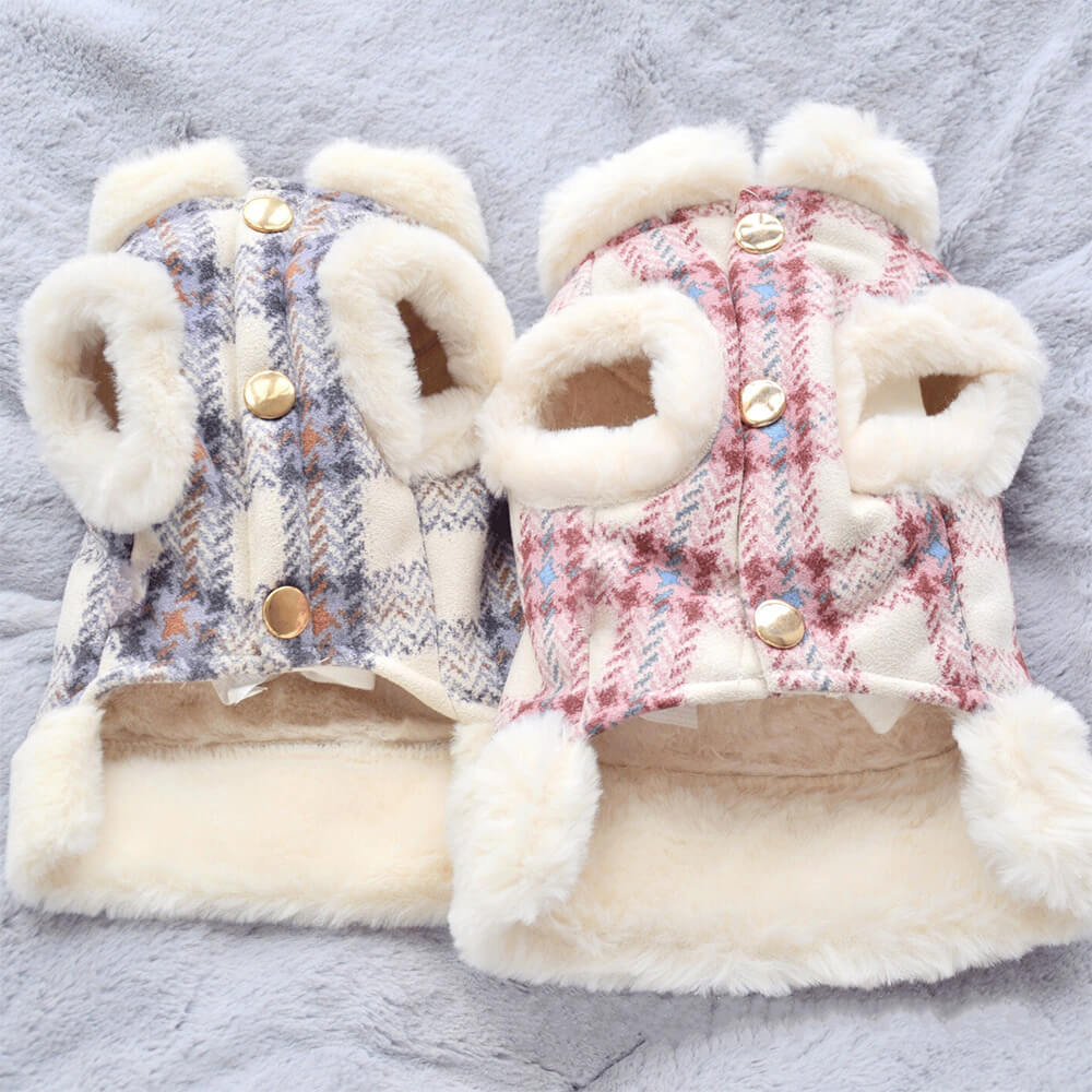 Close-up of the plaid fleece dog jacket showcasing the faux fur trim and gold buttons.