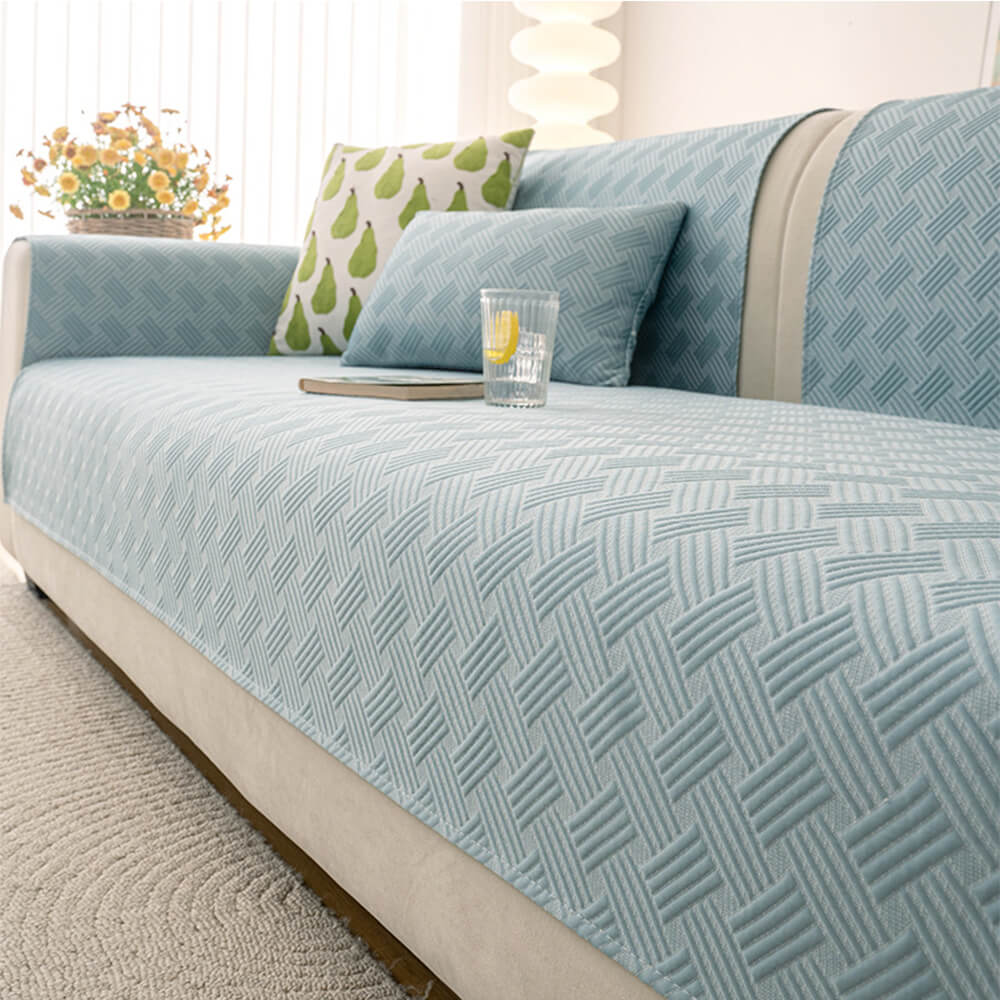 Chic Geometric Cooling Sofa Protector in a living room setting, showcasing its stylish design.