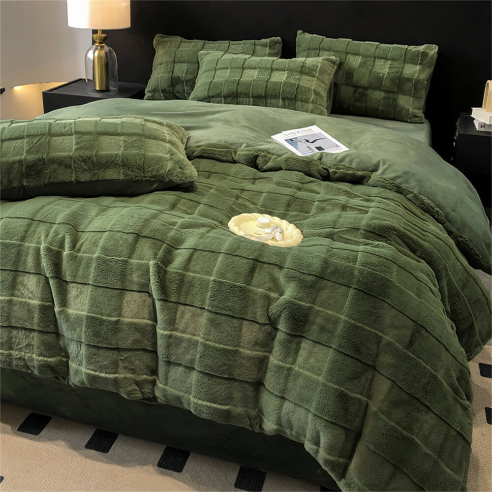 Close-up of plush faux rabbit fur on bed sheet set for winter warmth