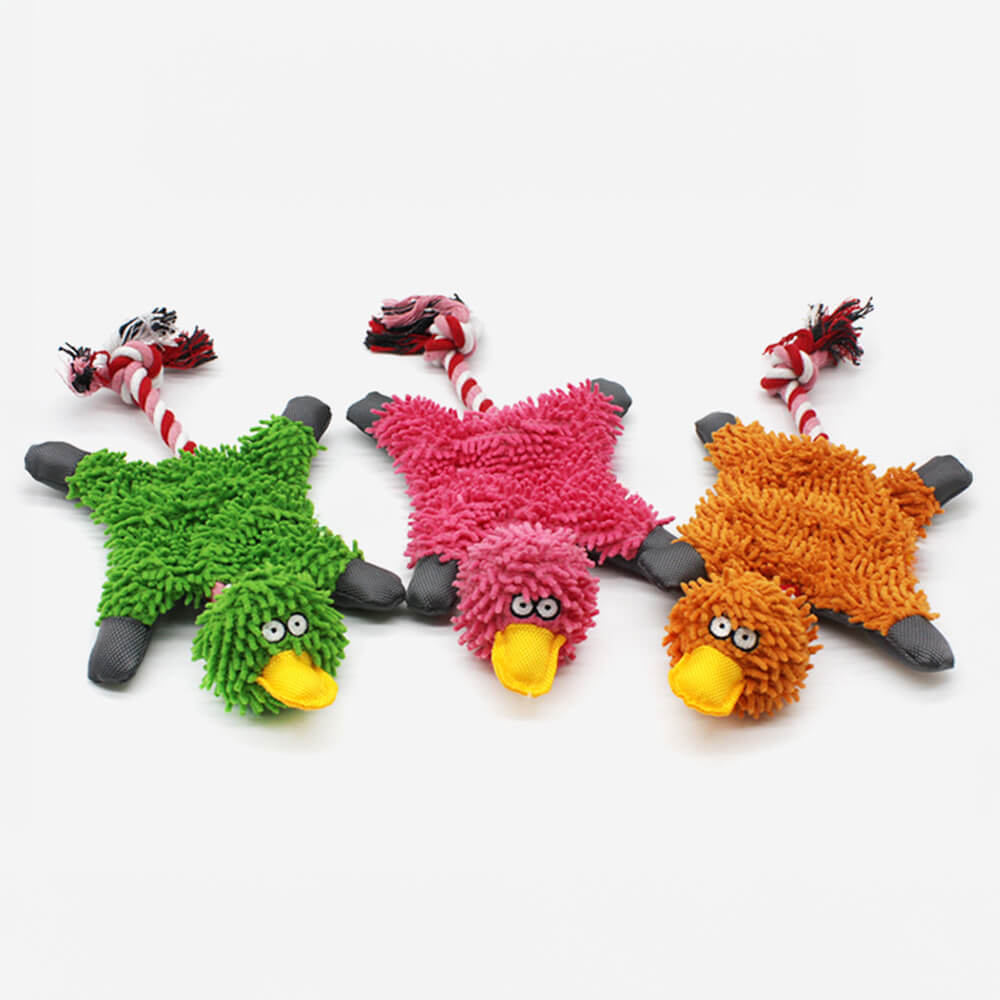 Front view of a vibrant plush dog toy with squeaker for small dogs