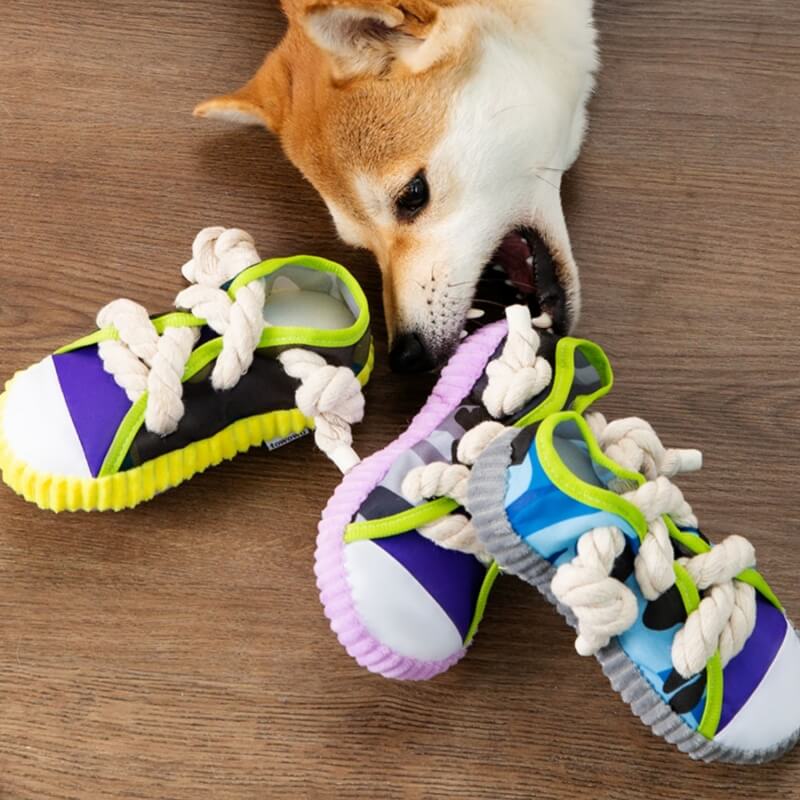 Top view of the cotton rope dog slipper toy, showing its canvas texture and built-in squeaker.