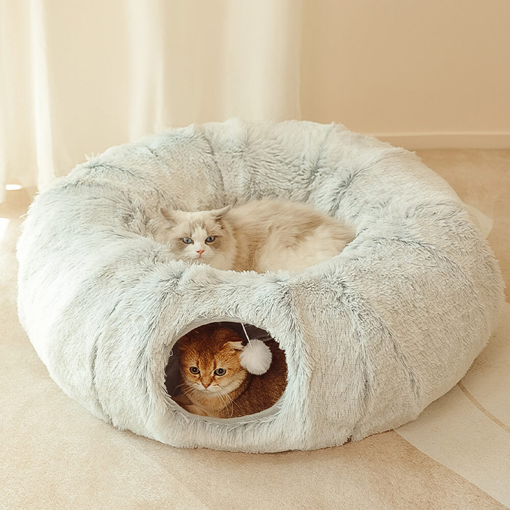 Foldable cat tunnel bed with scratching ball in use, cat playing inside