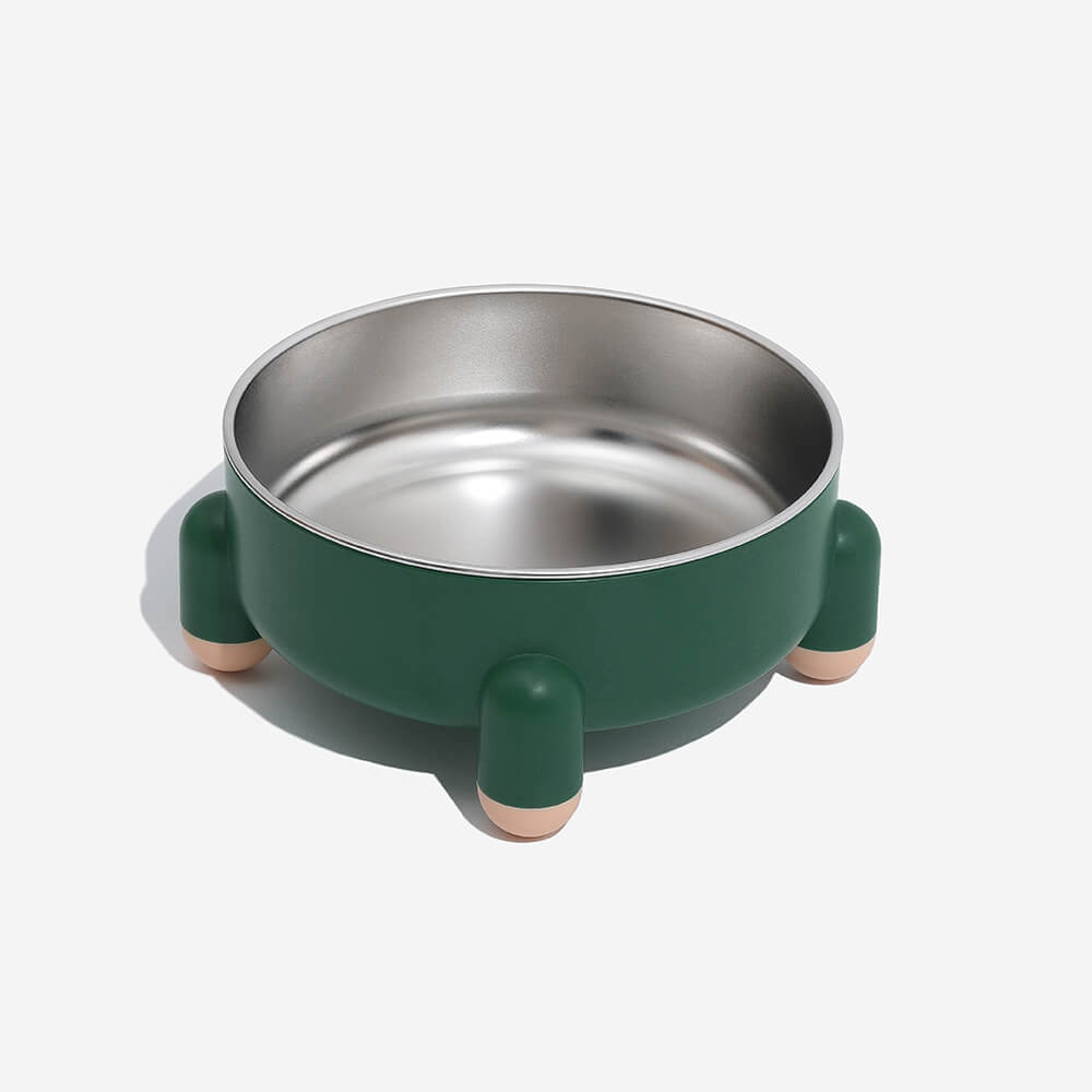 Elevated stainless steel dog bowl from the side, showcasing its tetrapod base.