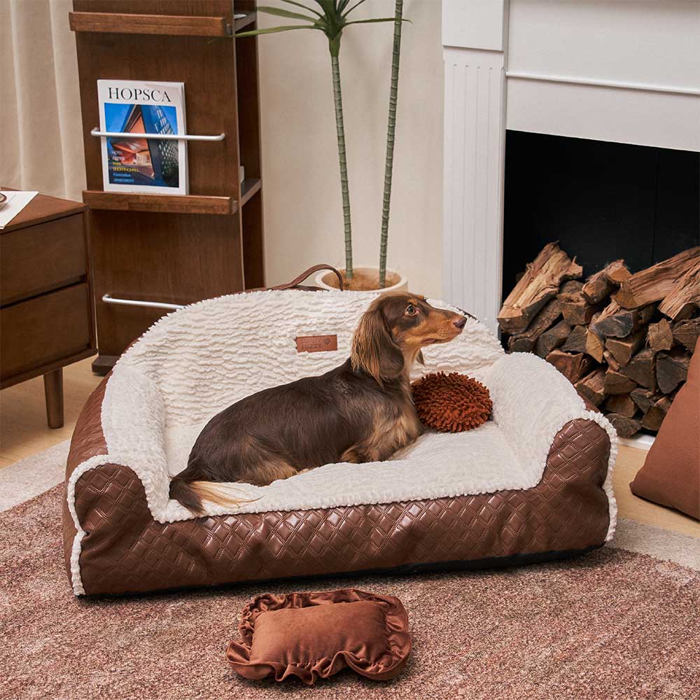 Large dog couch bed with supportive bolsters and plush cushioning, ideal for orthopedic support
